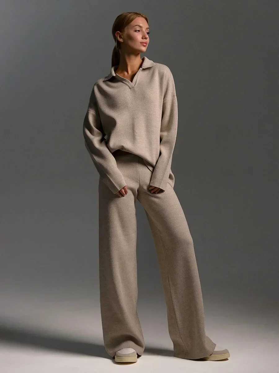 Bornlades Winter Thick Womens Knitted Set Cashmere Soft 2-piece Set Womens Collar Sweater and Wide Leg Pants Knitted Set W250108
