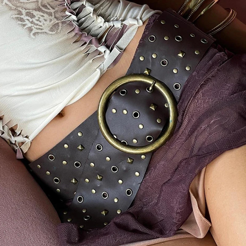 Fashion Chic Harajuku Y2K PU Belt Big Metal Round Buckle Vintage Brown Accessories for Women Casual Chic Aesthetic 250107