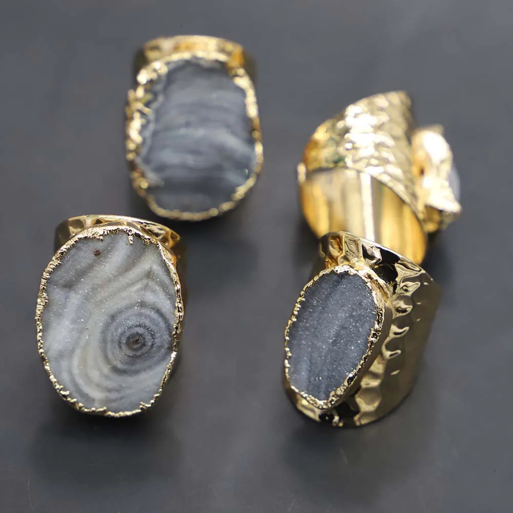 2pcs/lot Milky Way Agate Druzy Quartz Adjustable Ring Women Irregualr Raw Stone Gold Color Finger Fashion Jewelry Wholesale 250106