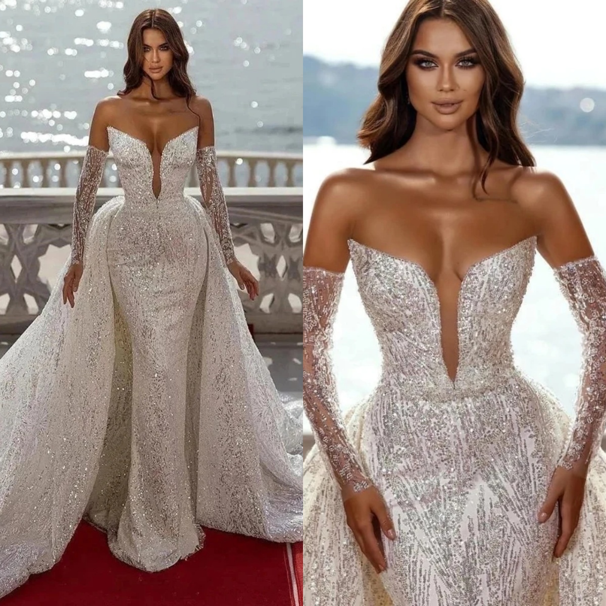 Sparkly Mermaid Wedding Dresses For Women V Neck Removable Sleeves Gown Sequins Detachable Train Customized Dress
