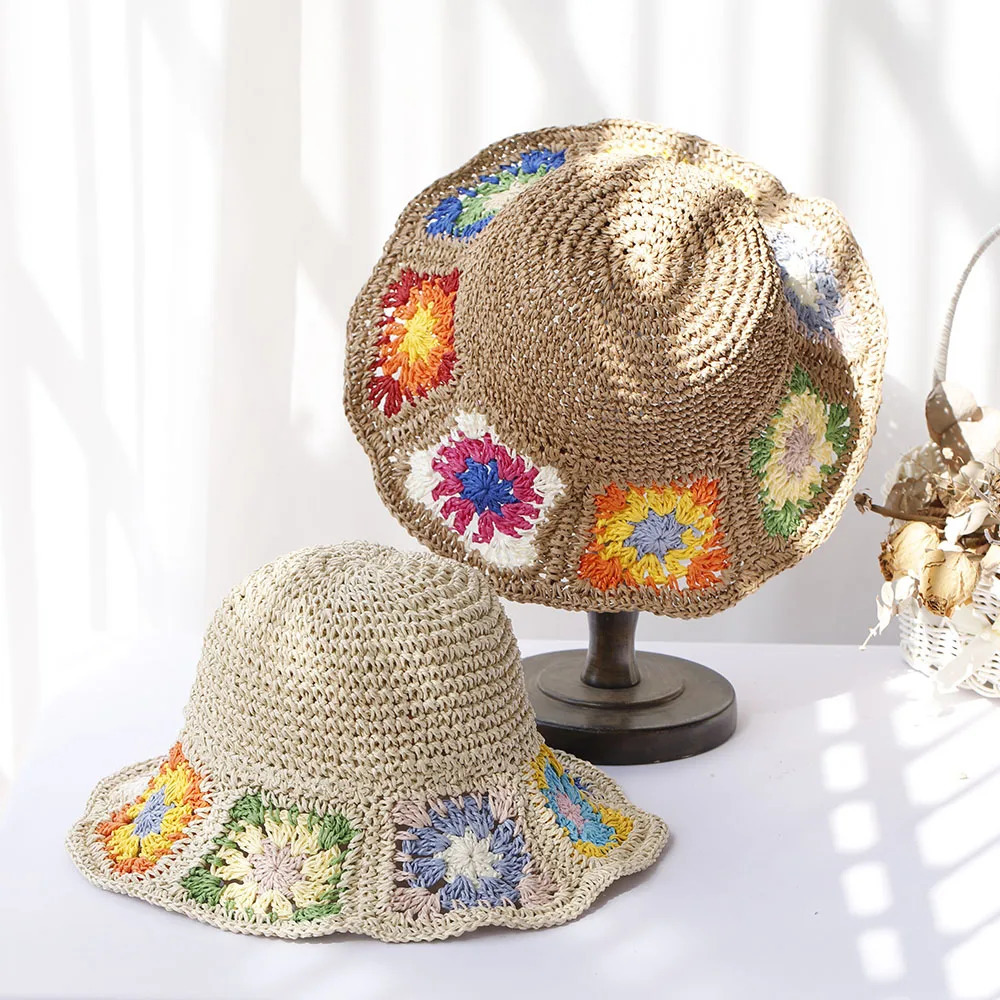 Fishermans Womens Straw with flower hat bucket hat UV Protection Sun Visor beach hat Women Visors rainbow Women Summer hat Cap 250107