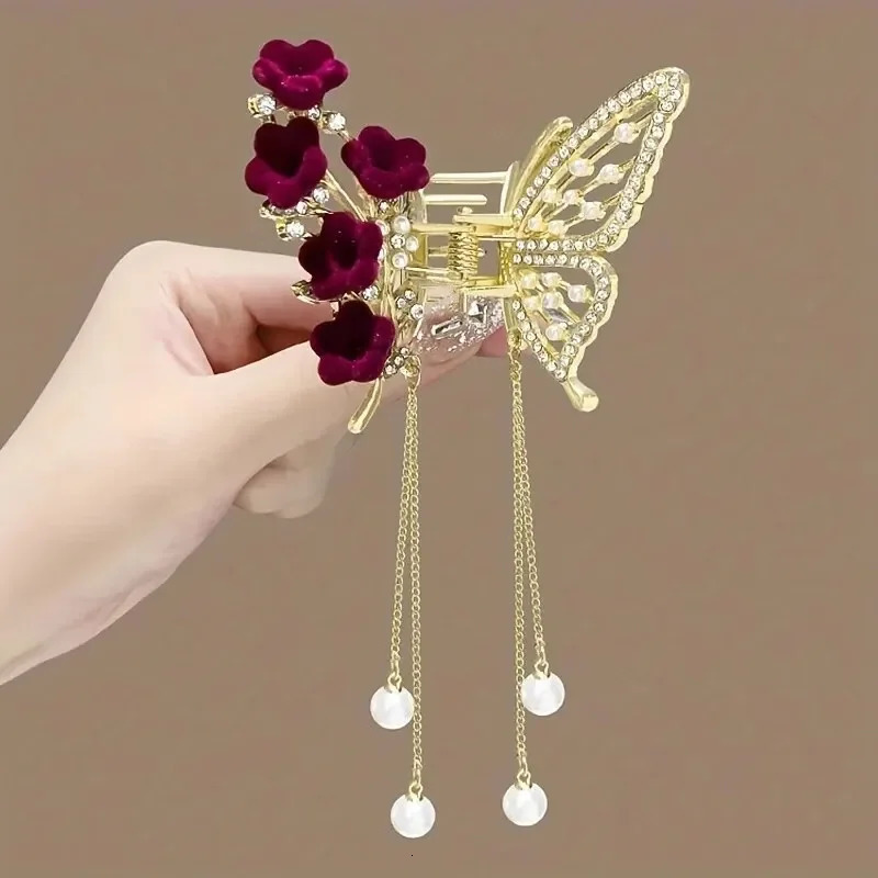 1pc Faux Pearl Tassel Hair Claw Clip Red Rose Jaw Clips Metal Shark Clips For Women Girls Hair Styling Accessories 250103