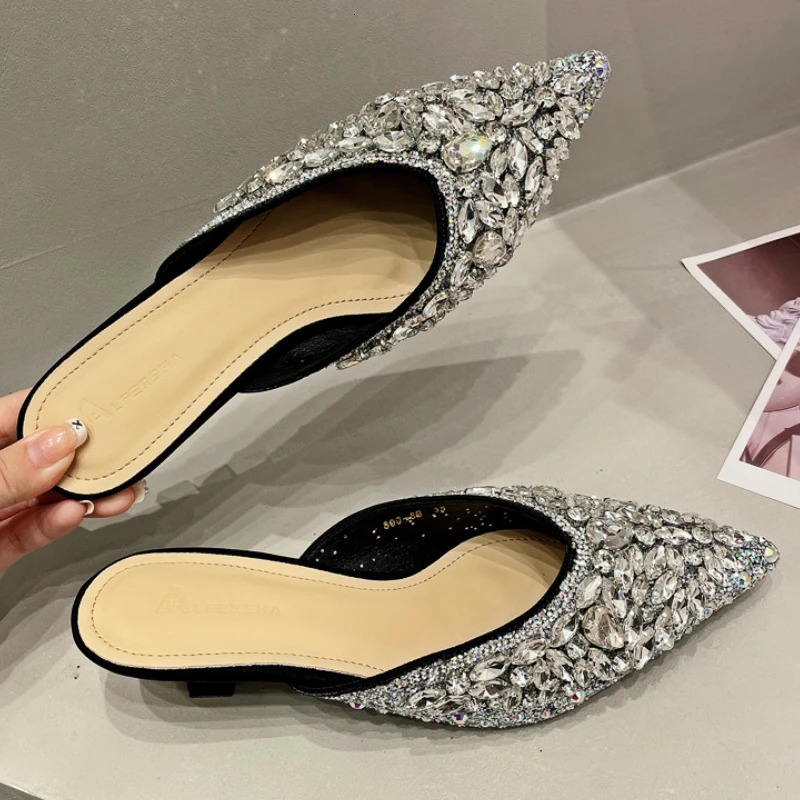 Rhinestone Sandals Women Slingback Slippers Female Fashions Low Heel Flip-flops Shiny Pointed Pumps Women Mule Slippers 250107