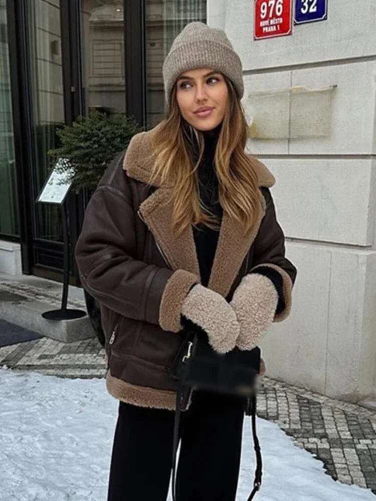 Winter Women Warm Thick Faux Leather Jacket Vintage Lapel Long Sleeve Zipper Overcoat Fashion Loose Oversize Coats Female