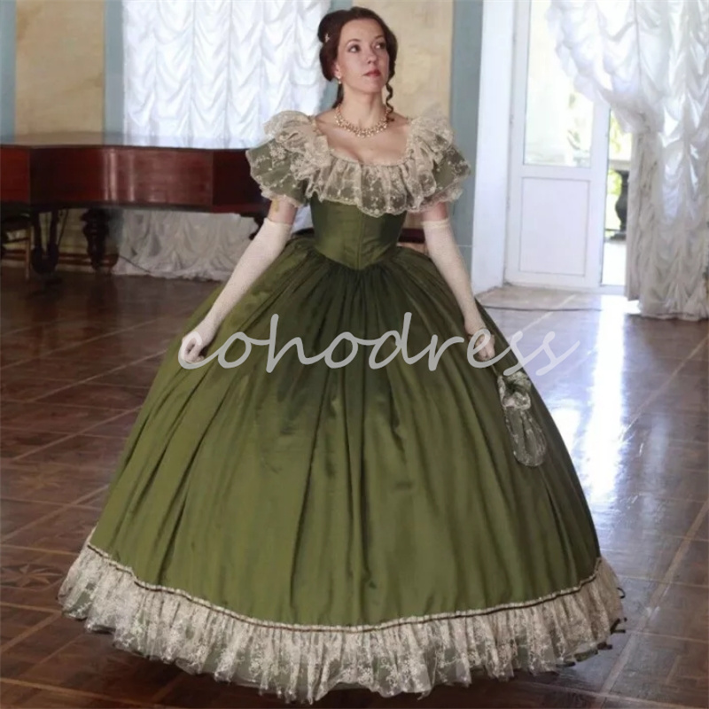Victorian Green 1860s Prom Dress Cap Sleeve Lace French Duchess Evening Dress Costume Masquerade Civil War Party Belle 18th Century Dress Formal Occas