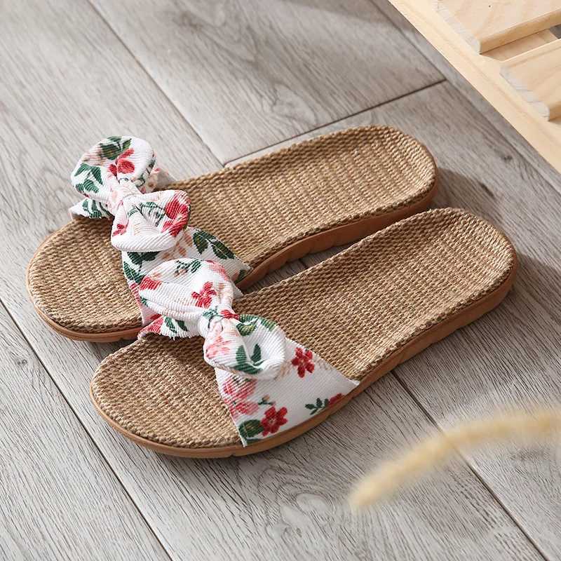 New Arrival Summer womens slippers family womens bow flat slippers linen flip up Bohemian beach sandals slippers Chaussure womens T250108
