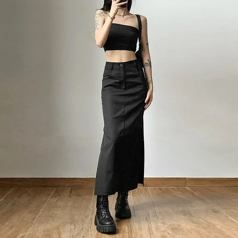 Women Midi Skirts Goth Dark Grunge Casual Tag Split Mall Gothic Punk High Raise Slim Long Skirt Y2k Sexy Fashion Streetwear 250106