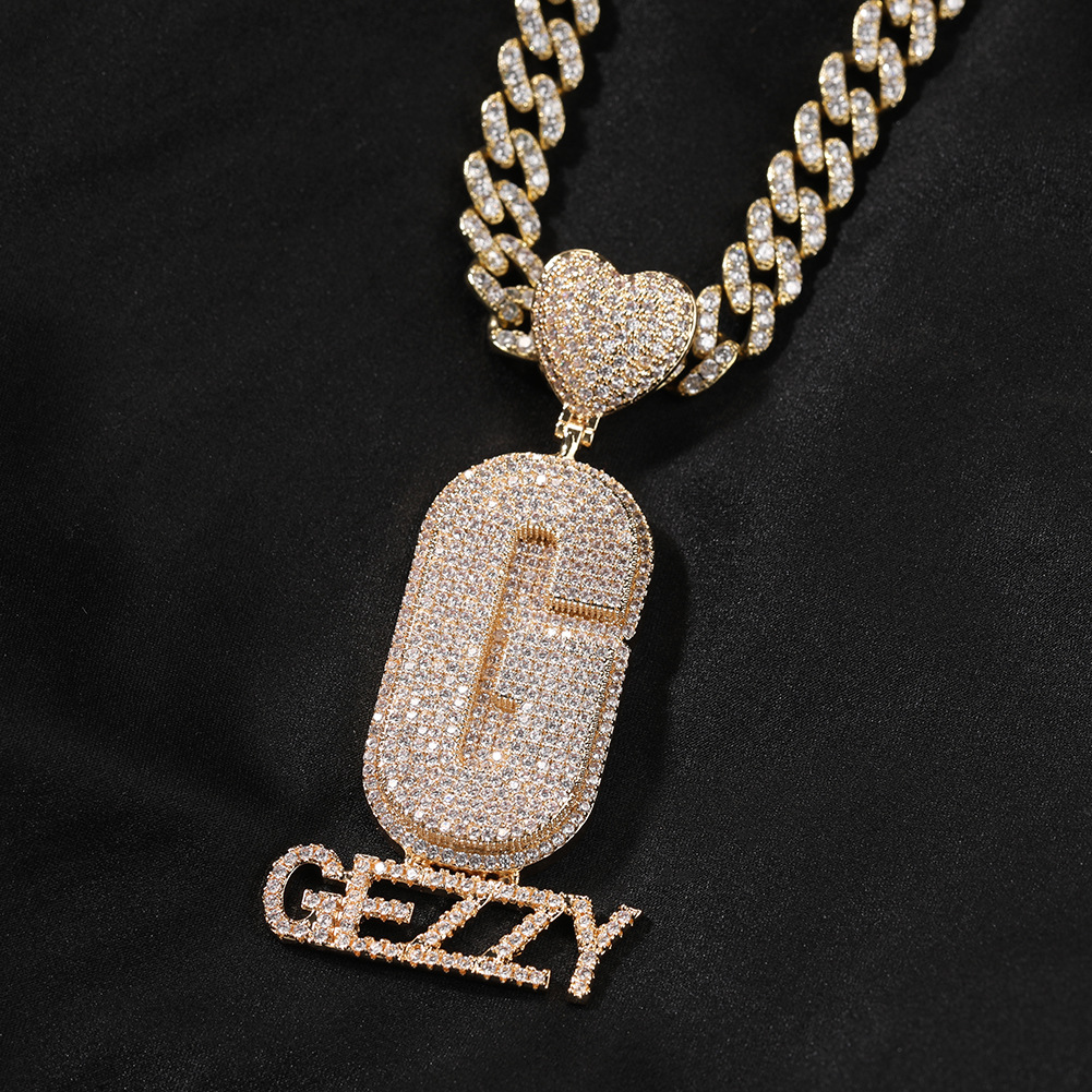Hip Hop Love Heart A-Z Large Letters Pendant Mens Necklace Full Zircon Jewelry