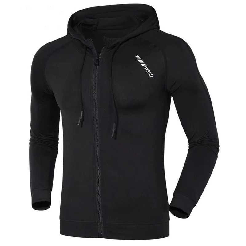 Compression elastic hooded sweatshirt mens sports jacket running fitness hooded gym training sweatshirt with zipper fitness sweatshirt W250108