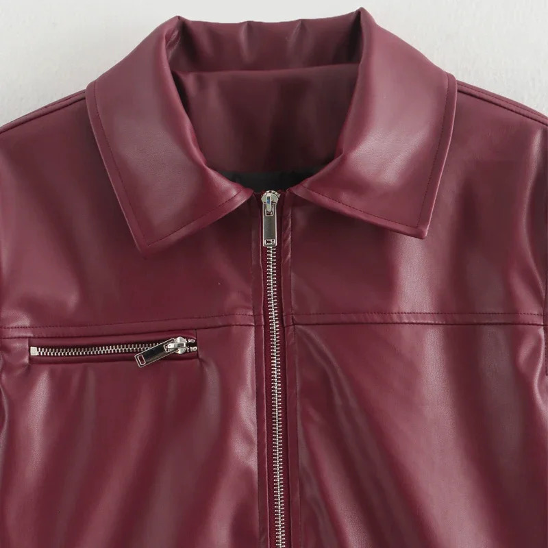 TRAF 2024 Women Faux Leather Jacket Autumn Winter Fashoin Long Sleeve Burgundy in Outerwears Streetwear Coats 250103