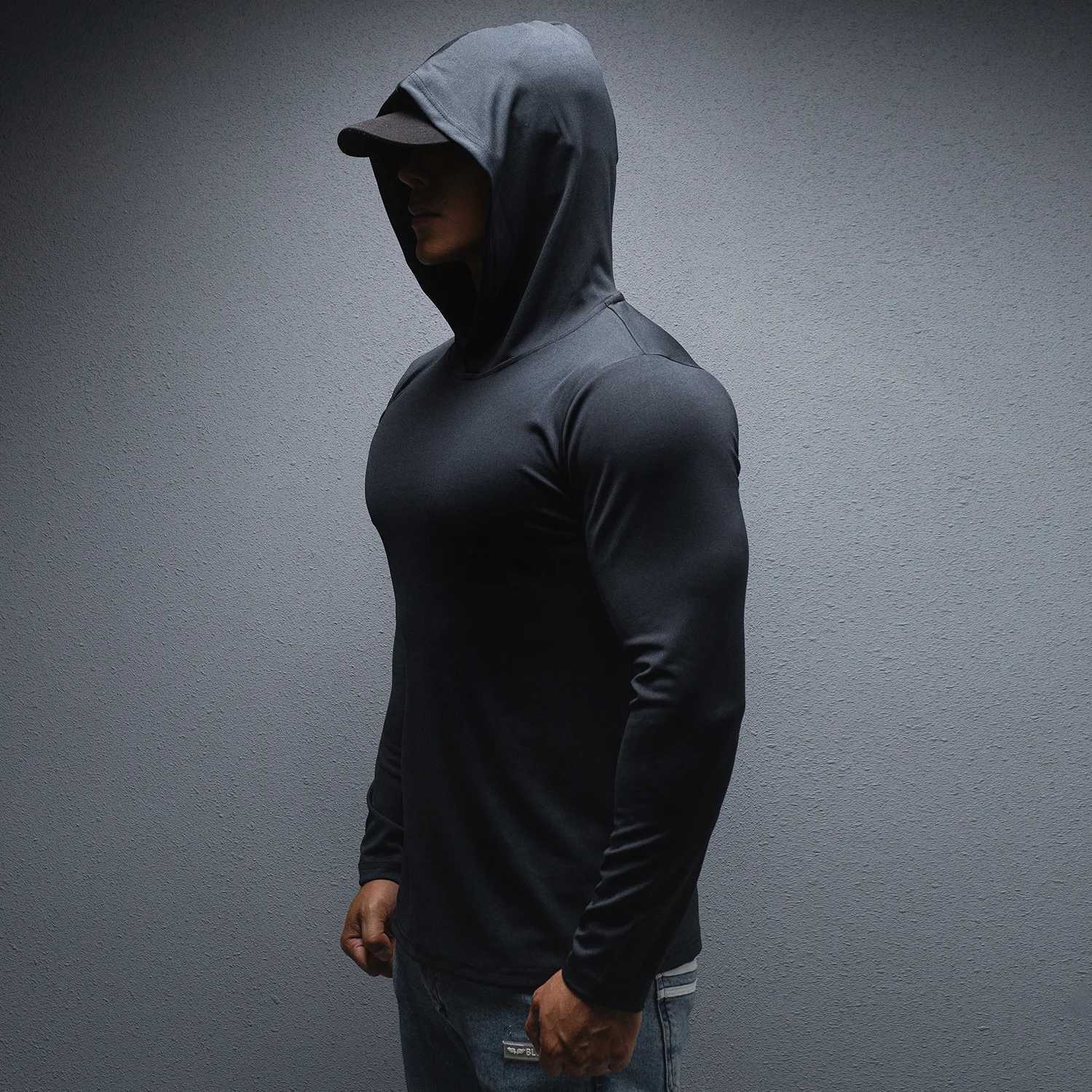 Spring and autumn fitness T-shirt mens long sleeved quick drying gym tight fitting exercise thin top training T-shirt mens hooded sweatshirt W250108