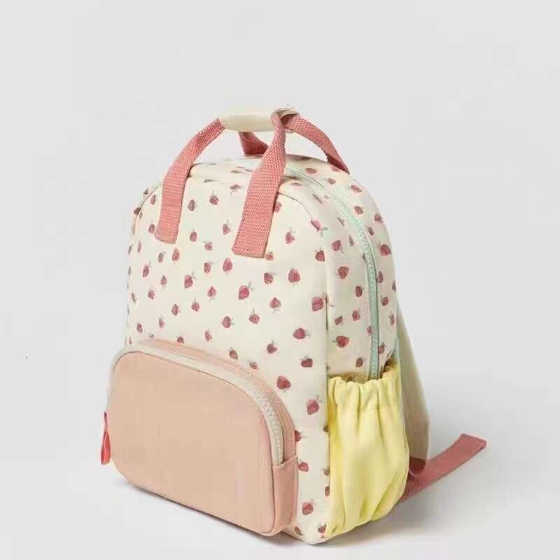 2025 new canvas strawberry for children and girls dopamine color blocked cute casual travel backpack
