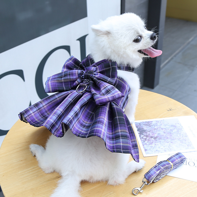 Pet plaid skirt chest strap leash walk dog cat vest clothes teddy supplies factory direct sales 2025