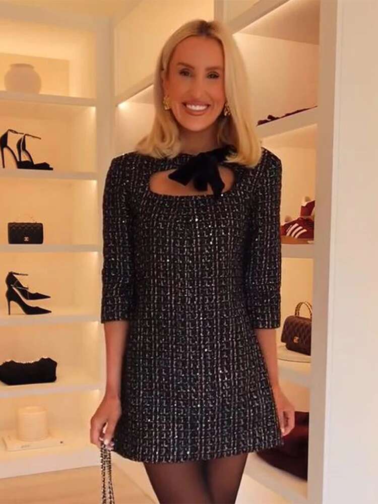 Fashion Bow Tweed Mini For Women 2025 Elegant Half Sleeve High Waist Evening Short Dress Female A-E Chic Party Vestidos