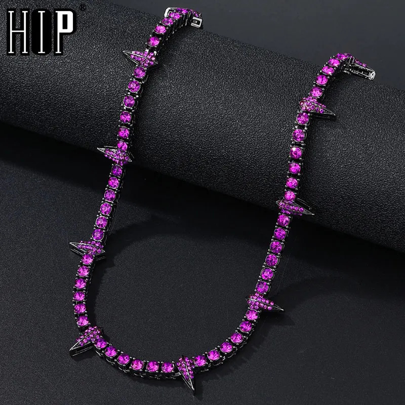 4MM Tennis Chain Purple Dropwater Shape Iced Out Colorful Rhinestones Bling Rapper Necklaces For Men Women Choker Jewelry250103