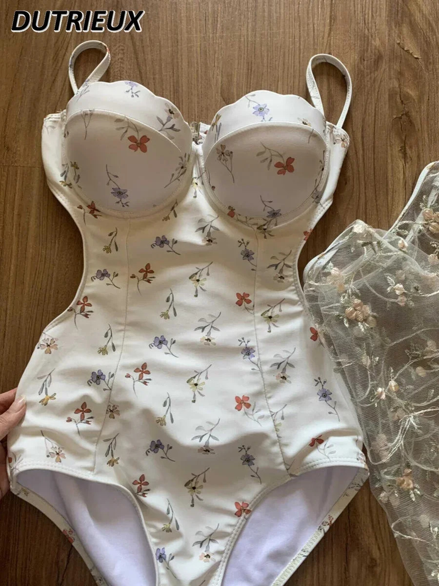 Summer Seaside Holiday Print Swimwear Shoulder Straps Backless Sexy Spring Ins Style Slimming French One Piece Swimsuit 250108