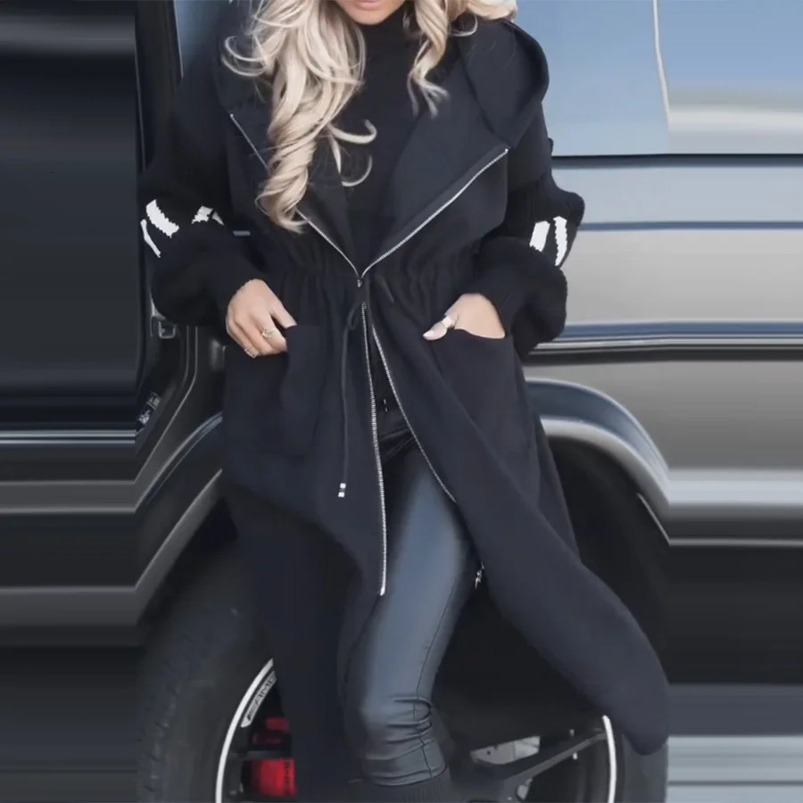 Leisure long patch long coat womens casual hoodie lace pocket womens jacket autumn and winter womens trench coat 250107