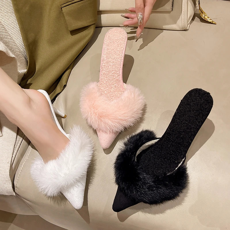 2024 Spring Pointed Toe Mules Shoes Women Slippers Slip On Women Fashion Comfrot Heel Shoes Party High Heel Fur Sandals 250107