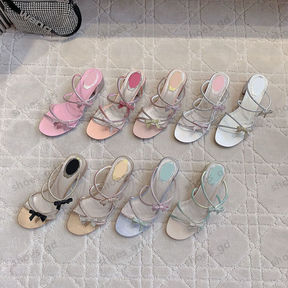 rhinestone flower bow Embellished sandals 4.5cm Chunky Heel Narrow Band Lace-Up Wraparound Evening shoes Gold Kitten Heel slippers women Luxury Designers sandal