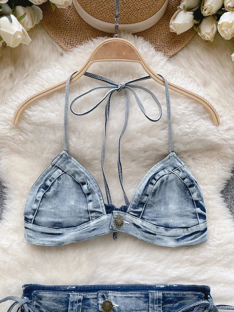 OIINAA Swimwear Women Sexy Blue Denim Bikini Set Halter Drawstring Beachwear Lace Up Two-pieces Summer 2024 Solid Bathing Suit 250107