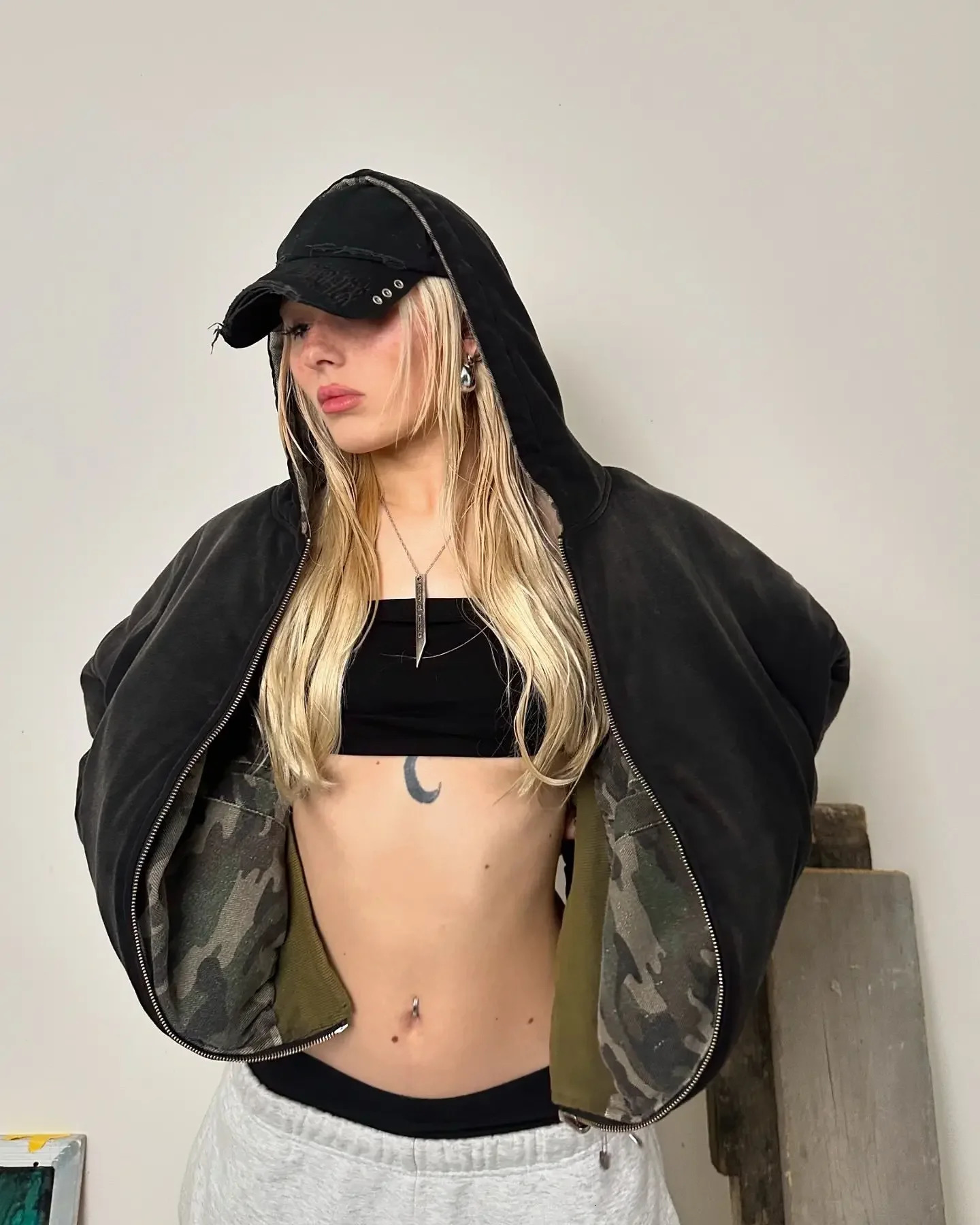Vintage Camouflage Double sided Hoodie Mens Womens Autumn Winter Y2K Hip Hop multi-function Couple Casual Coat Plush Hood Jacket 250107