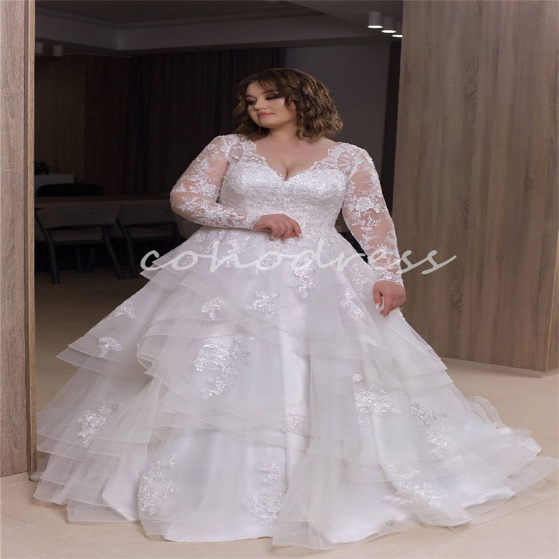 Romantic Plus Size Wedding Dress White A Line Tulle Ruffles Castle Country Bride Dress Corset V Neck Gatsby Bridal Dress Long Sleeve Robe De Mariage 2