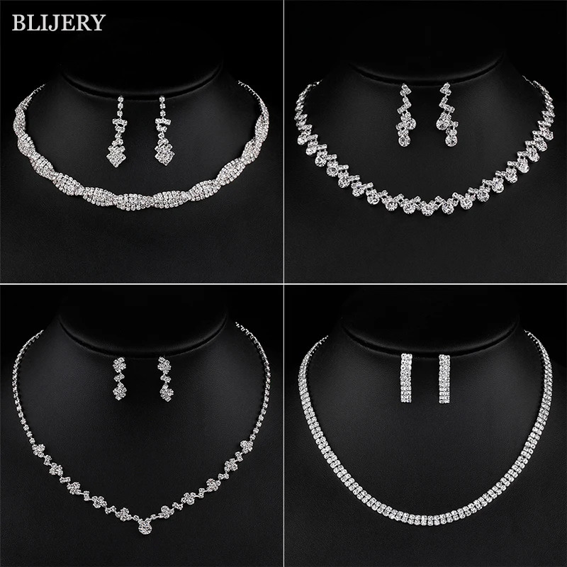 BLIJERY Silver Plated Crystal Bridesmaid Bridal Jewelry Sets Geometric Choker Necklace Earrings for Women Wedding 250103