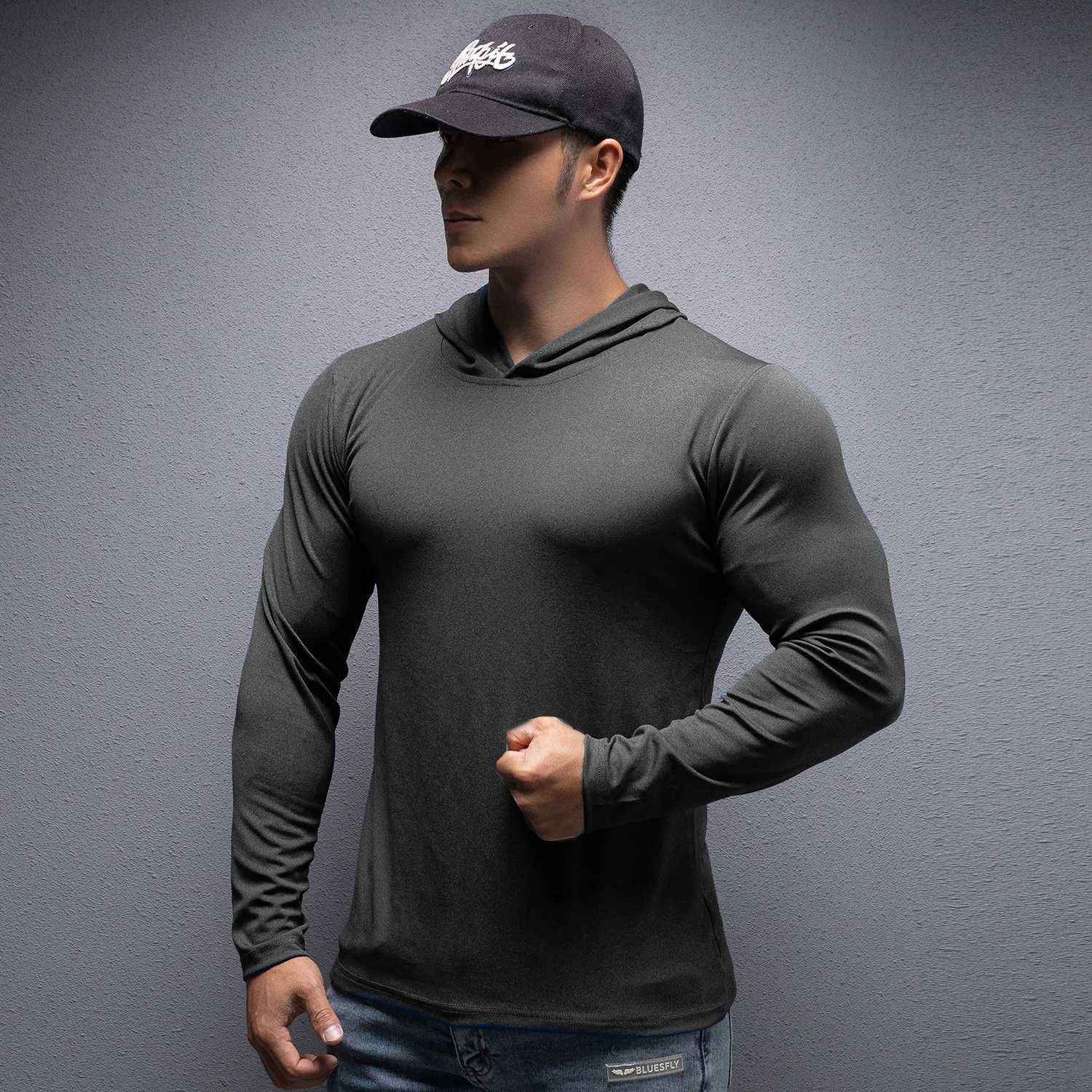 Spring and autumn fitness T-shirt mens long sleeved quick drying gym tight fitting exercise thin top training T-shirt mens hooded sweatshirt W250108