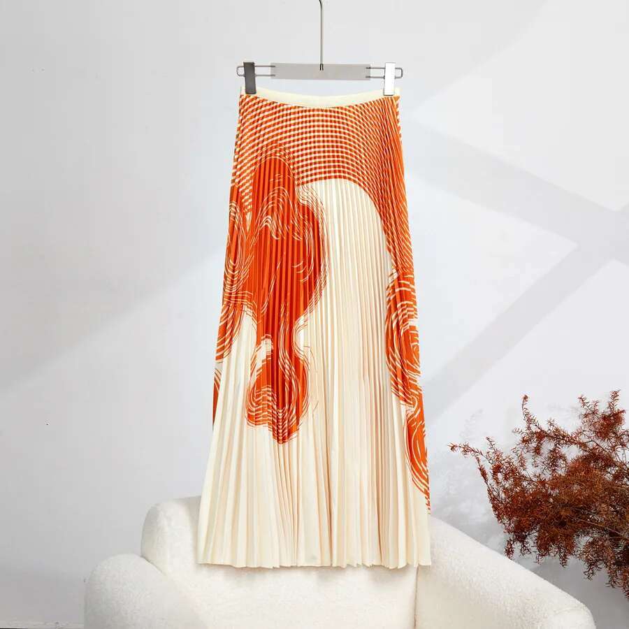 Miyake Runway Two Piece Set Women Wer Print High Stretchy Pullover T-Shirts + Pleated Long Skirts Suit Female Outfits