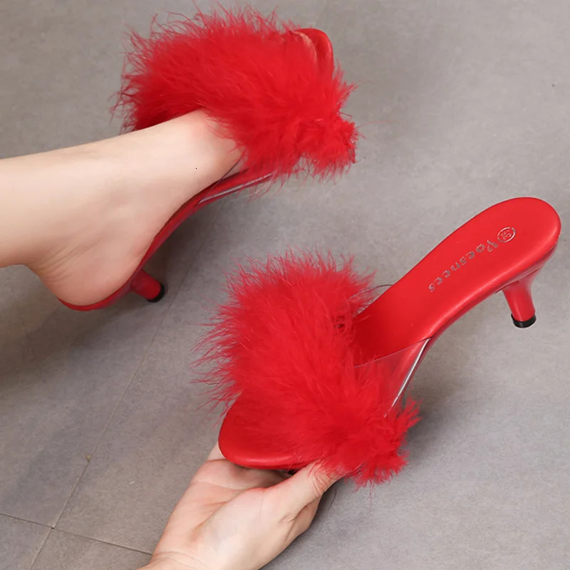 Summer Low Heel Bling Rhinestones Slippers Transparent Maomao Sandals Thin High Heels Sexy Party Comfortable Crystal Women Shoes 250107