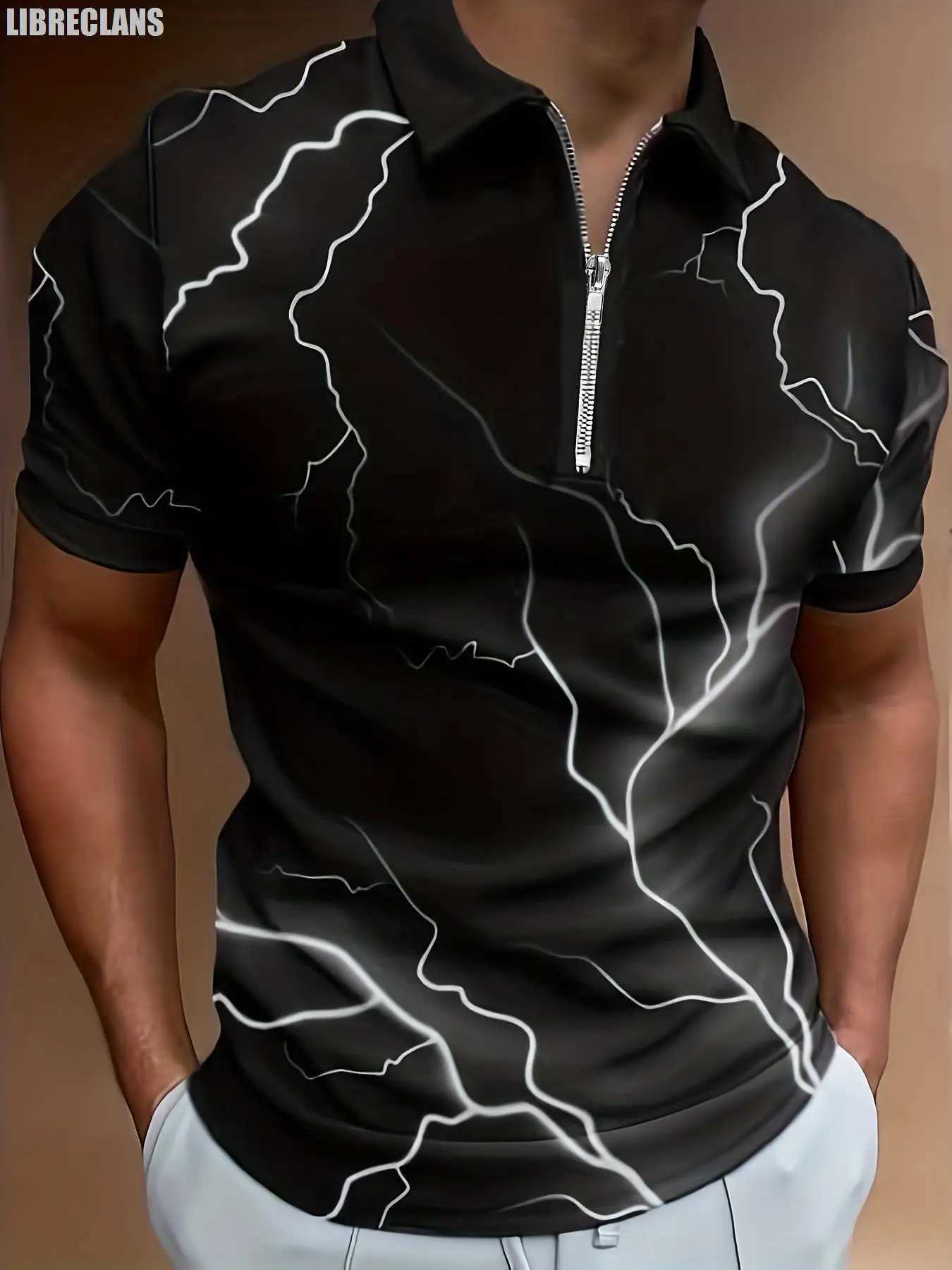 Black Striped Vintage Retro 3D Printed Mens Zipper Polo Shirt Summer Fashion New Mens Short-Sleeved Tops Slim SportswearXJ250108