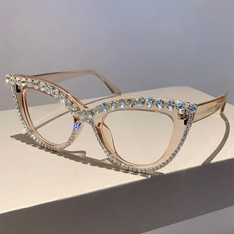 KAMMPT Retro Cat Eye Glasses With Rhinestones for Women 2024 Stylish Trendy er Oversized Spectacles 250107