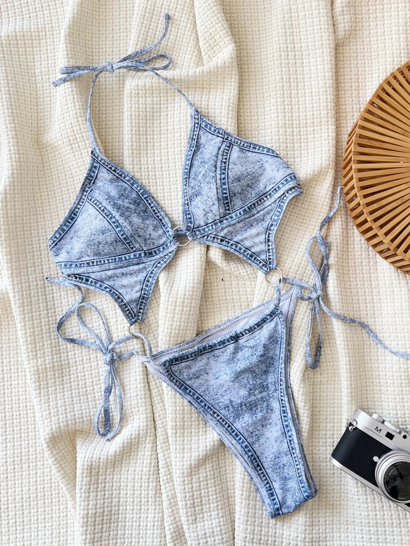 Women denim print metallic swimsuit one piece halter hollow backless bikini Swimwear bathing suit beach outfits bodysuit biquini 250107