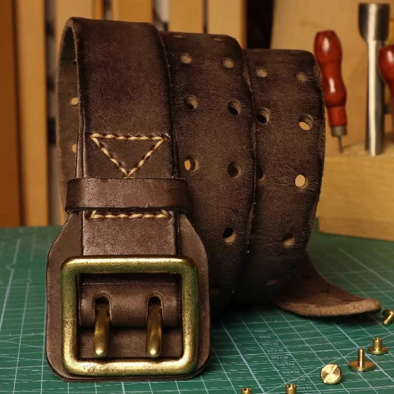 Original Handmade Double-needle Buckle Mens Belt Washed Water Made Old Macho Jeans Belt Genuine Leather y2k Army Tactical Belt 250107
