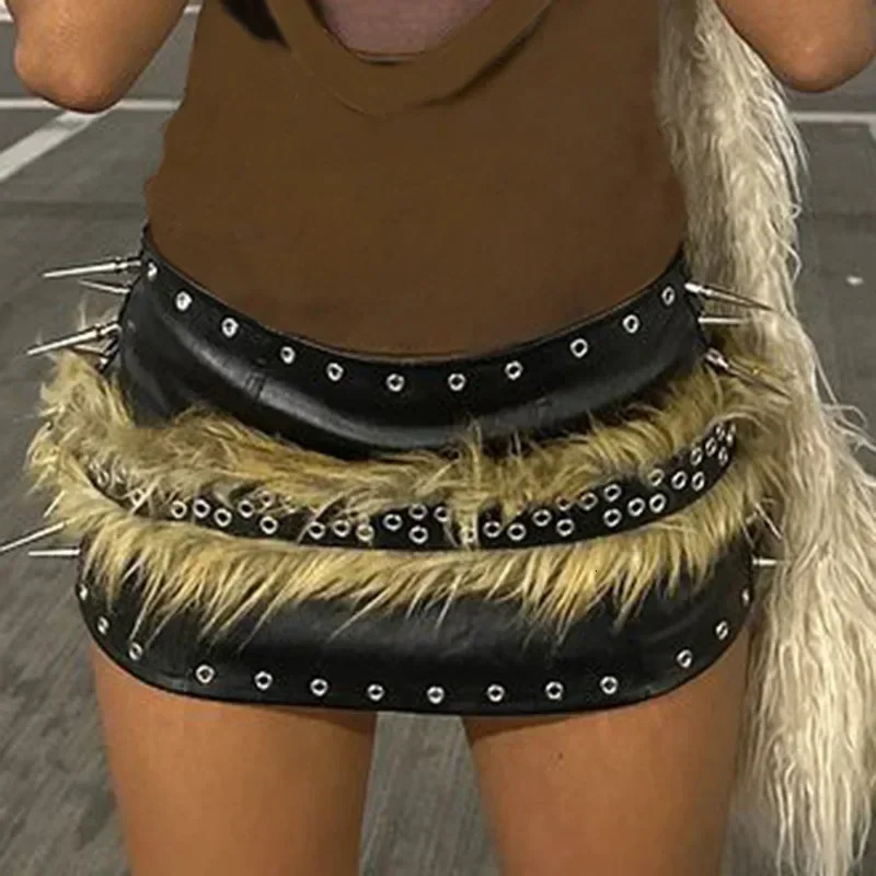 Punk Faux Fur Belt Y2K Metal Studded PU Leather Plush Waist Chain Faux Fur Belts Furry Sexy Vintage Waistband Hiphop Jeans Belt 250107