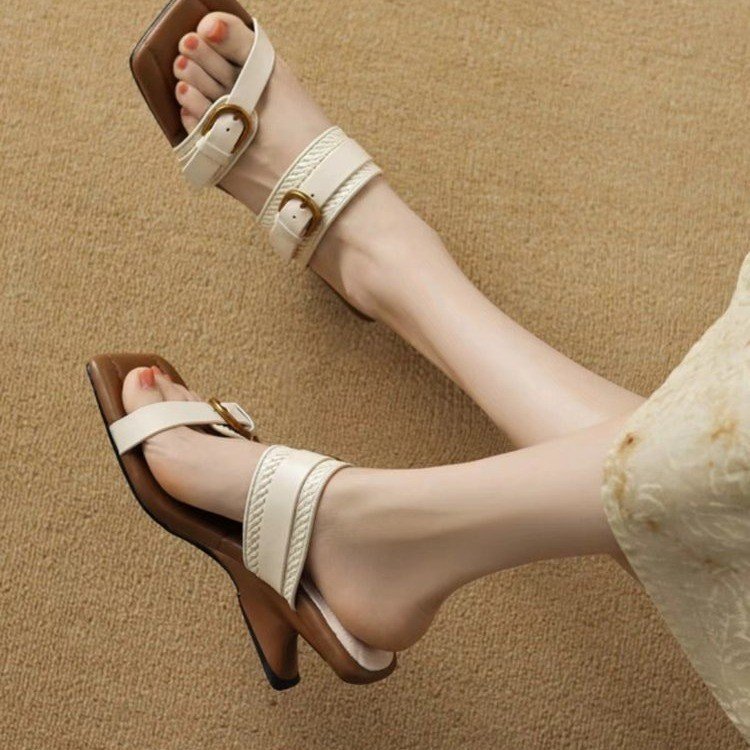 Women Sandals Fashion French Gentle Style New Slippers High Heel Triple Beige Brown Free shipping