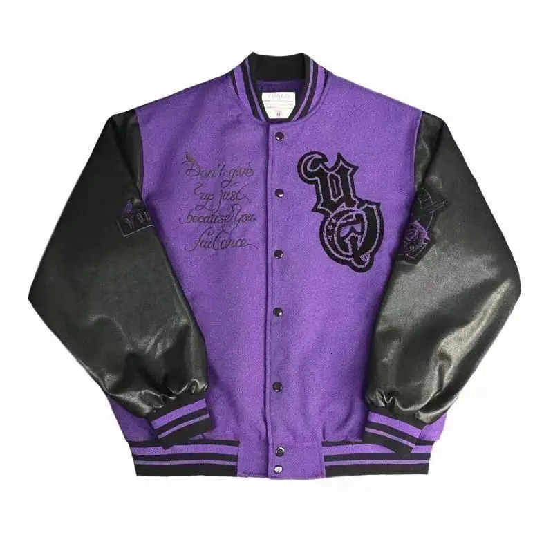 VIntage Varsity Jacket Men Purple Baseball Jackets Embroidery PU Faux Leather Sleeves Spring Autumn Women Bomber Coat 250107