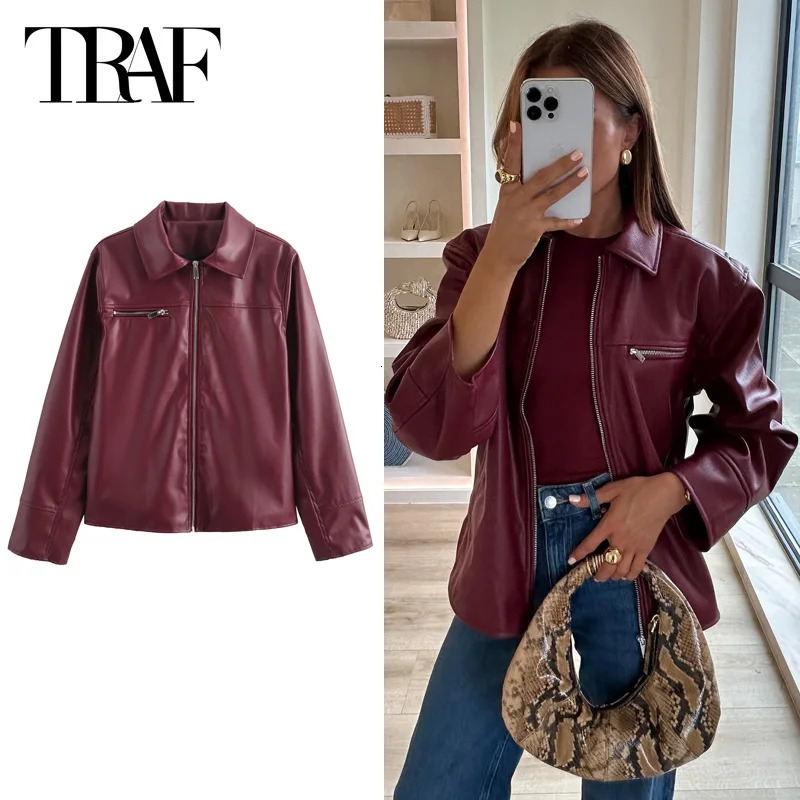TRAF 2024 Women Faux Leather Jacket Autumn Winter Fashoin Long Sleeve Burgundy in Outerwears Streetwear Coats 250103