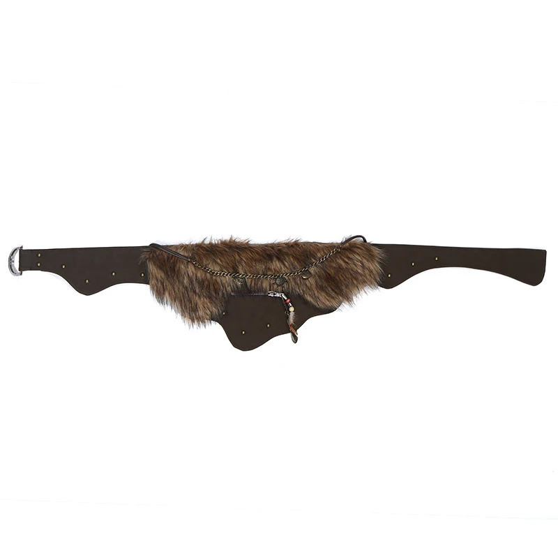 Y2K Harajuku Retro Western Cow Punk Furry Fur PU Chain Irregular Waist Belt Streetwear 250107