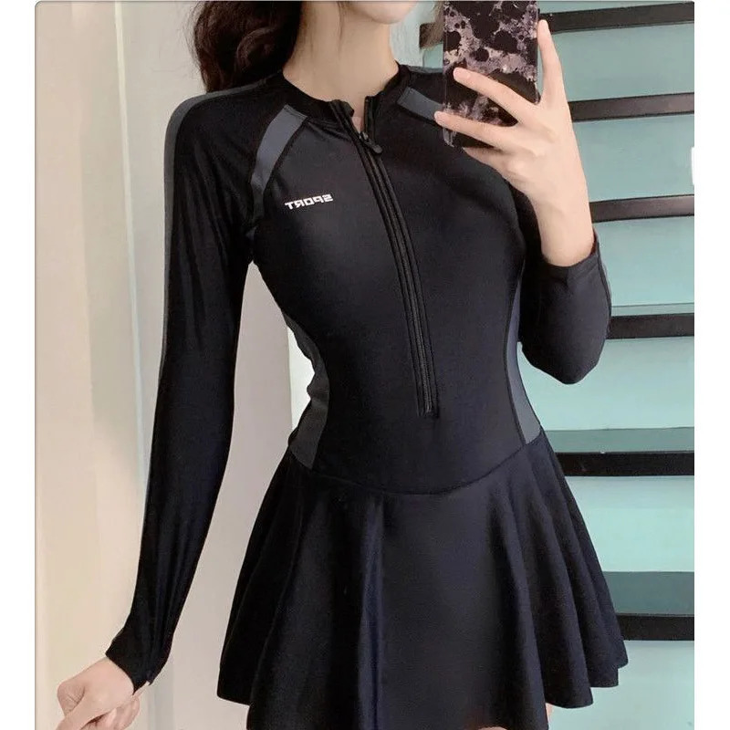 Long Sleeve Zipper One-piece Skirt Swimsuit Women Conservative Thin Slightly Fat Sexy Black Exclusive Swimming Pool Swimwear 250106