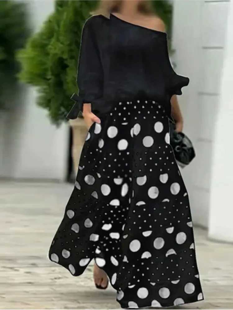 2-piece womens shoulder top with polka dot printed wide leg pants matching set fashionable womens 2024 set W250108