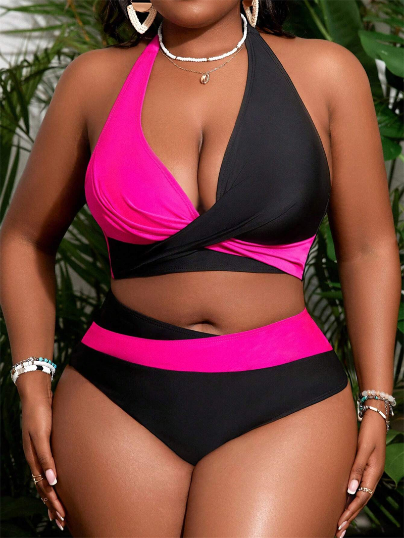Women's Plus Size Bikinis Swimsuit Color Block Criss Cross Bikini Sets High Waisted Swimwear Big Woman Halter Neck Two Piece Bathing Suit