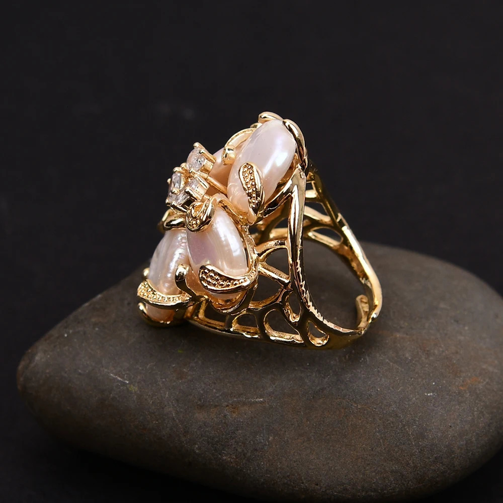 GG Big Natural White Keshi Coin Pearl Paved Clear Crystal Gold Plated Rings Adjustable Ring Gifts For Lady 250106