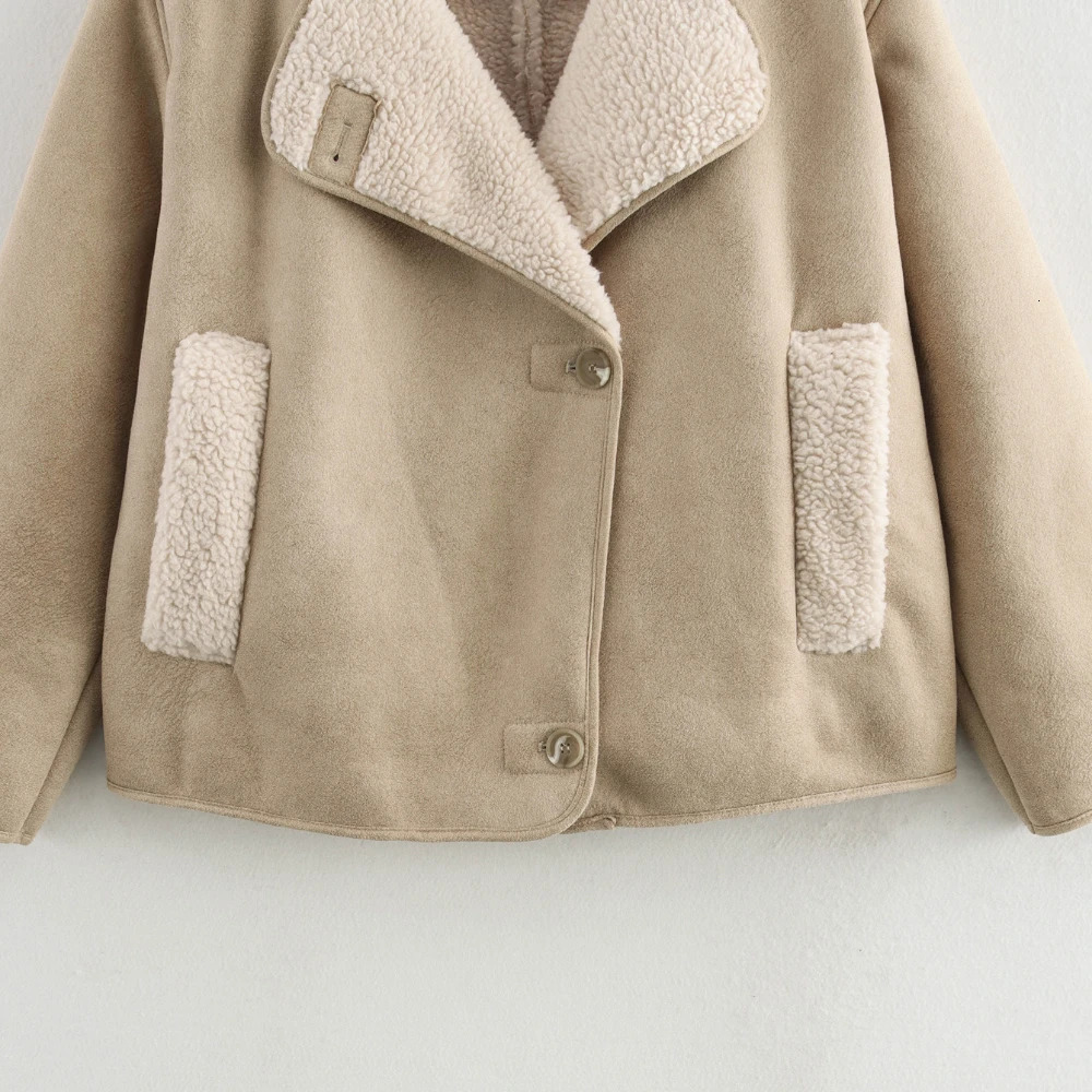 2025 Fleeced Faux Leather Jacket Women Outerwears Vintage Cold Wool Blends Coats For Woman Autumn Winter Plush 250103