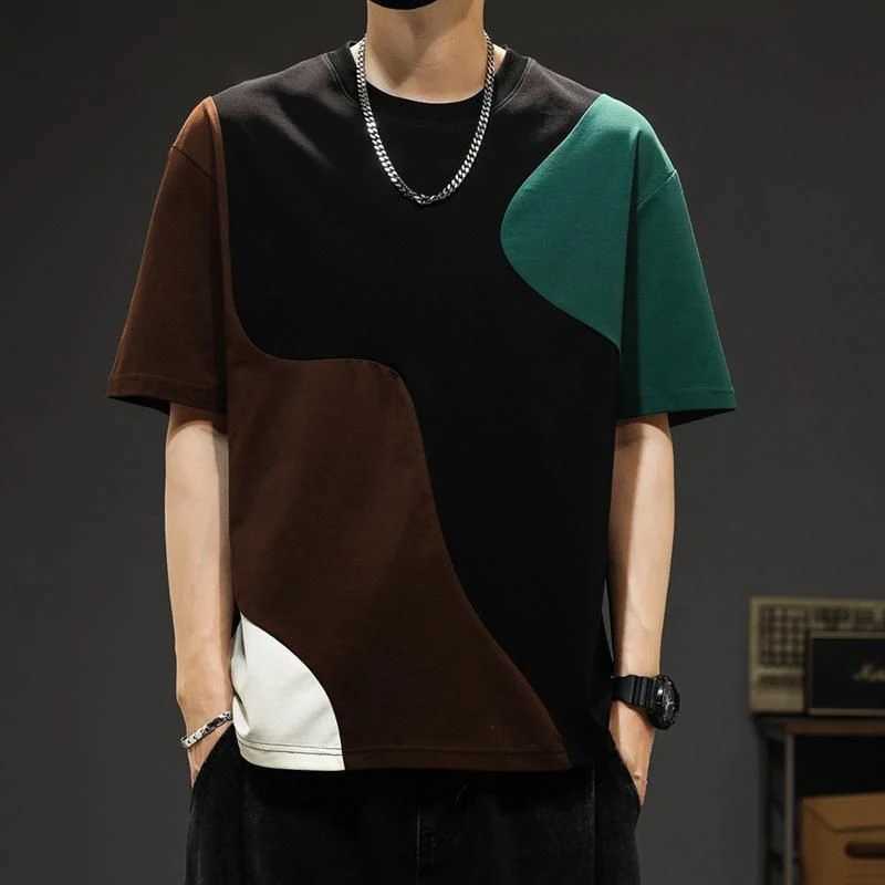 Fashionable O-neck splicing fully matched asymmetrical T-shirt for mens summer new item oversized casual floral Korean T-shirt M250108