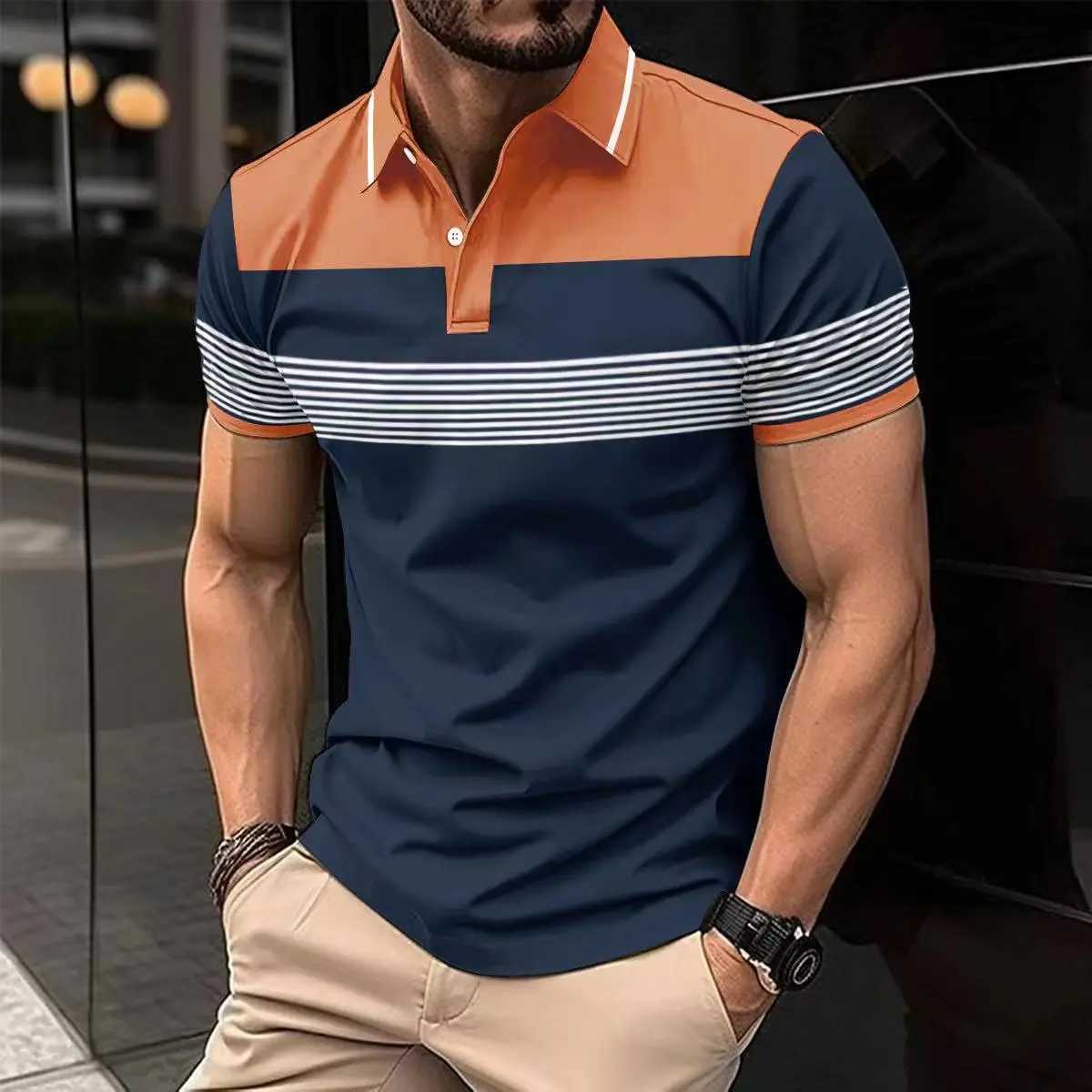2025 New Cross-border Mens Clothing Casual POLO Shirt V-neck Button Business Striped Versatile T-shirt TopXJ250108
