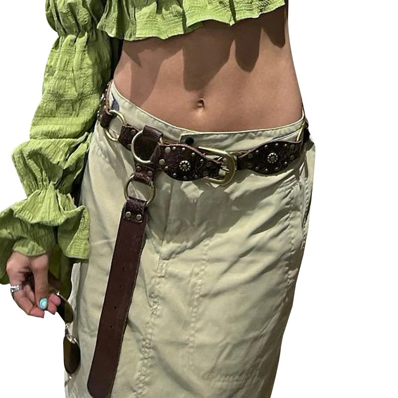 y2k Retro Patchwork PU Belt Vintage Streetwear Rivet Stitched Womens Leather Belts Casual Wide Waistband Match Clothing 250107