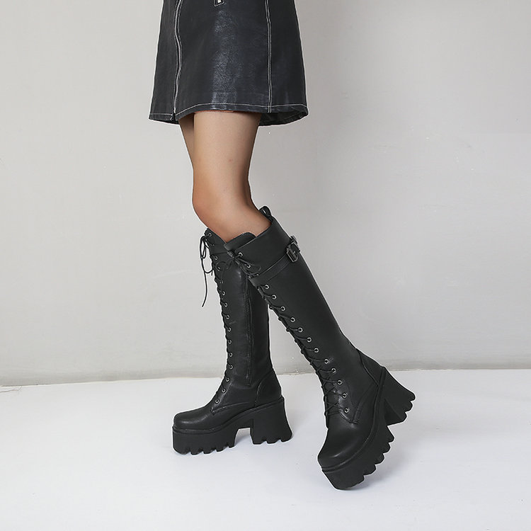 Knee Chunky High Boots Women Platform Goth Punk Heels PU Leather Black Retro Long Winter Shoes Female Lace Up Rain Boot EU35-39
