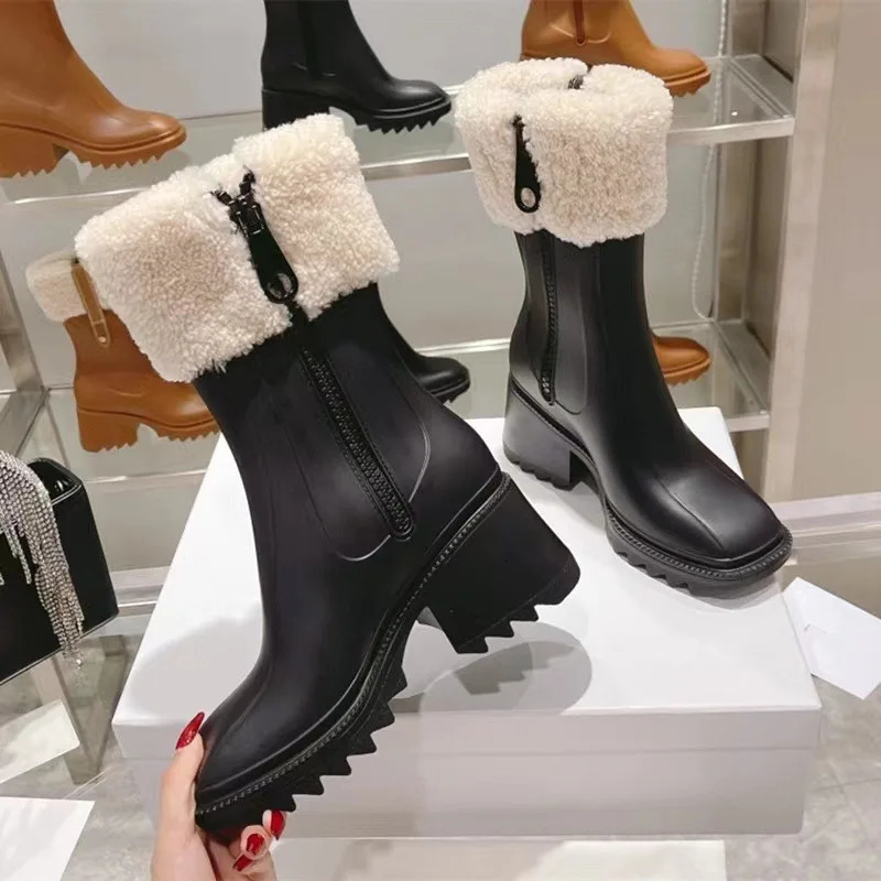 Ankle Boots Women PVC Rain Boots Chunky Heel Height Increasing Short Boots Thick Sole Motorcycle Boots For Size 36-43 250106