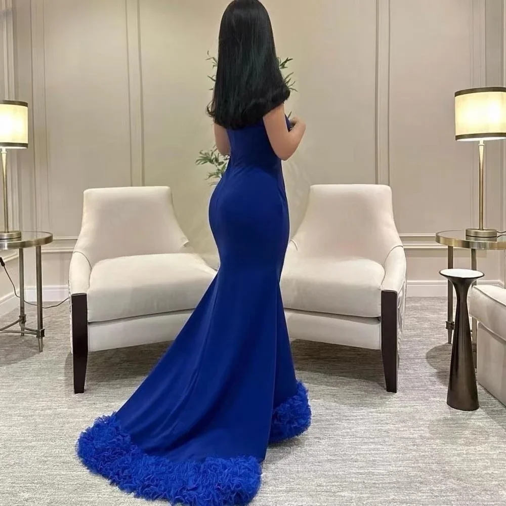 Blue Royal Evening Banquet Dress Strapless Side Split Ruffles Train Satin Prom Formal Party Gowns Celebrity Style Robe De Soiree